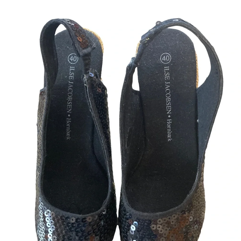 Ilse Jacobsen Size 40US Size 9.5-10 Black Danish Made Sequined Espadrille Wedges